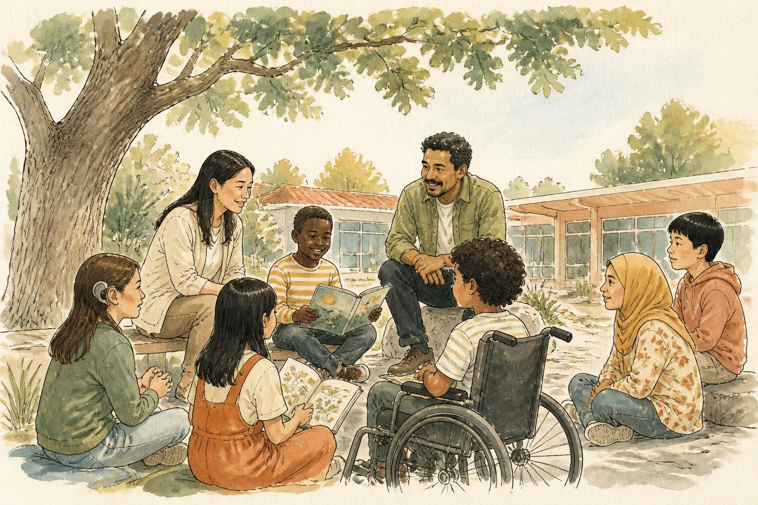Hand-drawn watercolor scene of a diverse group of students and two adults reading together beneath a schoolyard tree