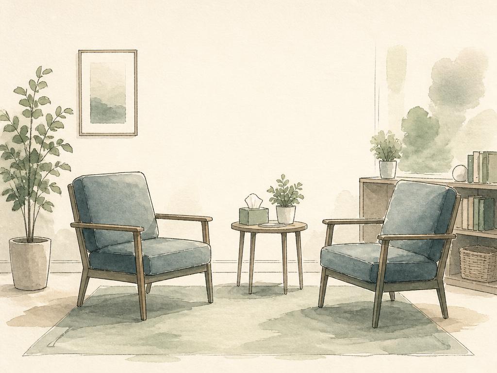 Watercolor illustration of two empty chairs in a quiet school counseling room