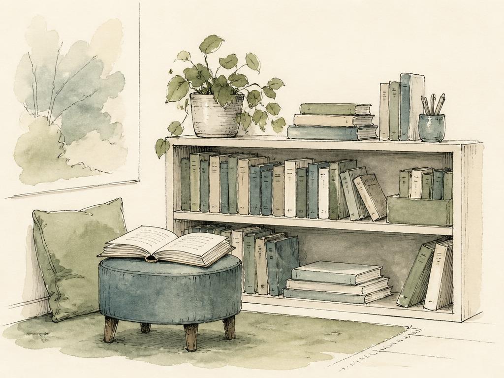 Watercolor illustration of a school library corner with a low bookshelf and an open book