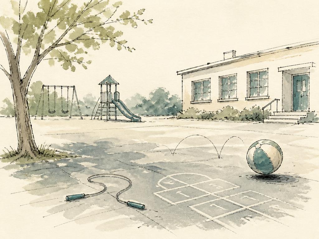 Watercolor illustration of a schoolyard with a jump rope, playground ball, and hopscotch squares