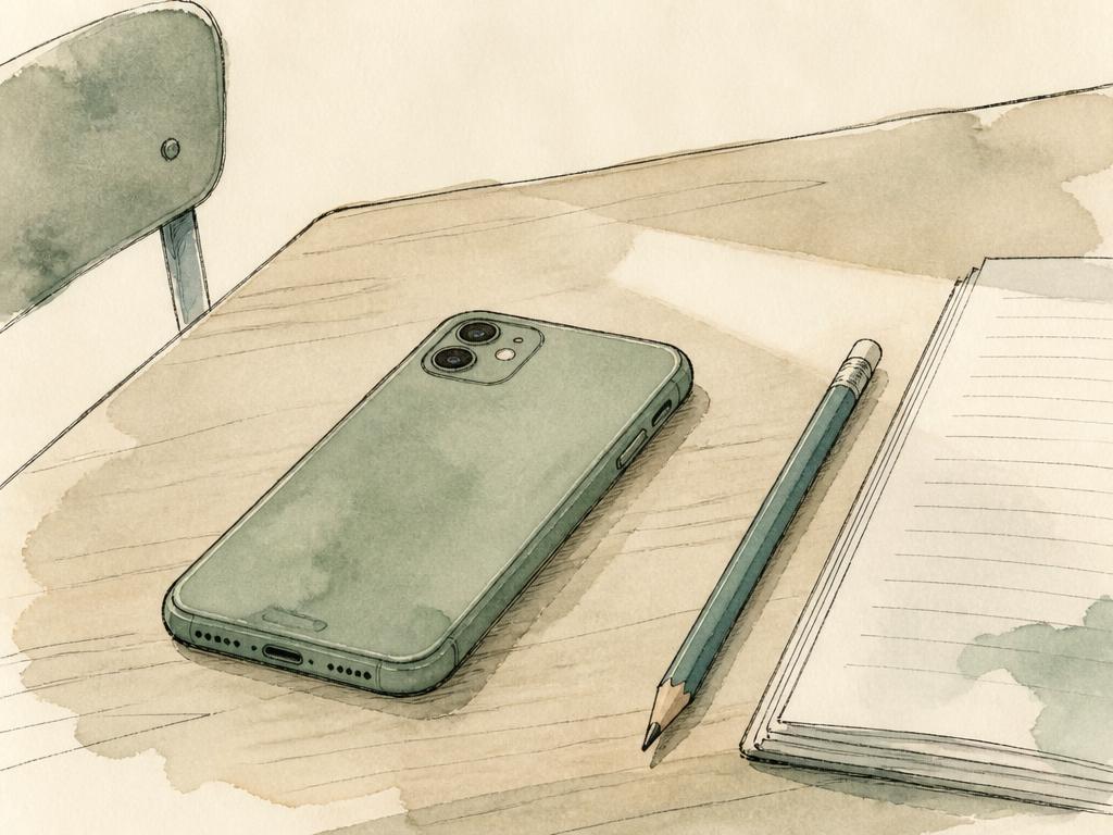 Watercolor illustration of a phone face down on a desk beside a pencil and open notebook